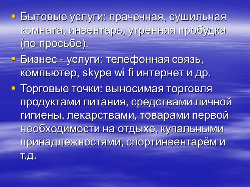 Бытовые услуги: прачечная, сушильная комната, инвентарь, утренняя пробудка (по просьбе). Бизнес - услуги: телефонная